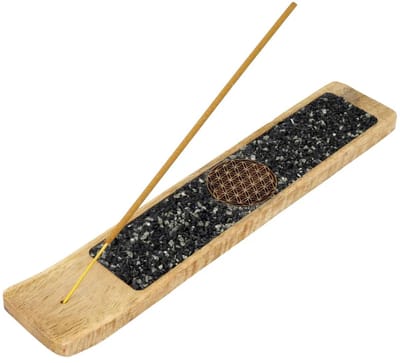 Wierookhouder Flower of life toermalijn en pyriet mangohout -± 25 cm x 7 cm x 1 cm