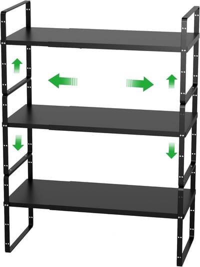 Uitbreidbare kast plank organizer - Stapelbare opbergplanken voor keukenkasten, 7,8 inch, zwart, 3 stuks