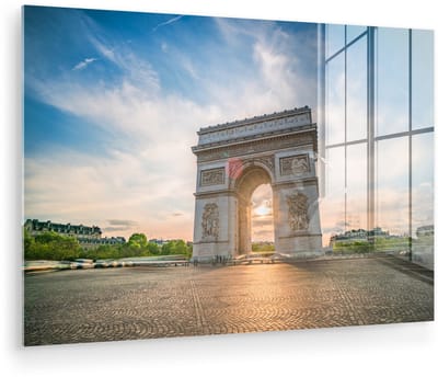 ® Glasschilderij 180x120 cm - Schilderij acrylglas - Weergave van de Triomfboog in Parijs met een prachtig wolkenveld tijdens de zonsopkomst - Foto op glas - Muurdecoratie woonkamer - Wanddecoratie slaapkamer - Schilderijen