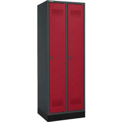Schäfer Shop Genius Garderobekast met onderstel, 2 vakken, 300 mm vakbreedte, veiligheidsslot, antraciet/rood, met antraciet/rubberen rand