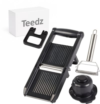 Teedz Mandoline Slicer – Groentesnijder & Rasp – Inclusief Dunschiller en Veiligheidshouder – Multifunctioneel – Zwart - RVS - Luxe Groentesnijder Mandoline - Mandoline Snijder Roestvrij Staal