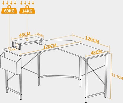 CubiCubi L Shaped Desk, 120cm Corner Desk, Gaming Desk, Home Office Desk with Monitor Shelf, Space Saving Workstation Desk, Black