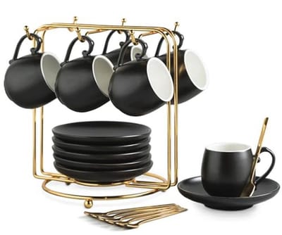 Set van 6 stijlvolle espresso kopjes en schotels met metalen standaard – Perfect voor espresso, cappuccino en latte