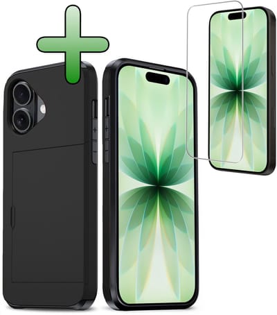 Hoes Geschikt voor iPhone 17 Hoesje Hard Case Met Pas Houder Met Screenprotector - Hoesje Geschikt voor iPhone 17 Hoes Shockproof Hard Cover Met Kaarthouder - Zwart
