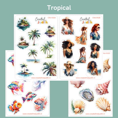 Bullet Journal Stickers - Planner Agenda Stickers - tropical stickers - 4 stickervellen - schelpen, vissen, palmboom - Scrapbook stickers - Deco stickers - zomer stickers - volwassenen en kinderen