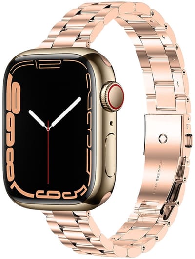 RVS bandje - geschikt voor Apple Watch 1/2/3/4/5/6/7/8/9/10/11/ SE (1,2,3) met maat 38 mm / 40 mm / 41 mm en 42 mm (Watch 10/11) - stalen schakelband band met vlindersluiting - rosegoud