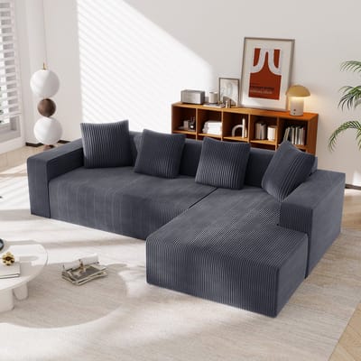 Convertibele L-vormige Bank, 3-Zitsbank, Hoekbank, Volledig Gecomprimeerde, Frameloze Bank, Cloud combinatiebank met L-vormige Chaise Longue, Moderne Modulaire Bank met Diepe Zitvlakken, Gestoffeerde bank Voor Woonkamer en Slaapkamer-Grijs