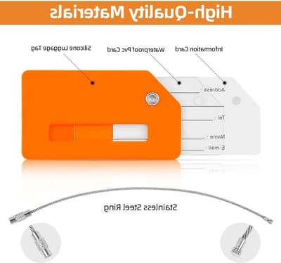 Siliconen Bagagetags Set van 4 met RVS Klemmen voor Persoonlijke Informatie - Ideaal voor Reizen met Koffers en Rugzakken (Oranje)