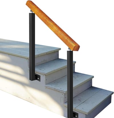 Houten trapleuning - Buitenleuning metaal - Veilig traplopen - Verstelbare hoek - 95cm hoogte - Houtkleur