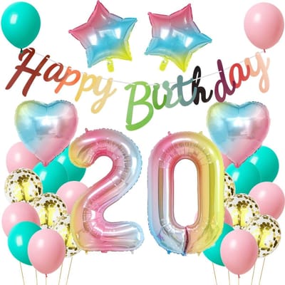 Dailygoods- Verjaardagsdecoratie 20 Jaar - Ballon 20e Verjaardag - Vrouwelijke Feestdecoratie - Roze Decoratie - Regenboog Decoratie - Tafelkleed Decoratie