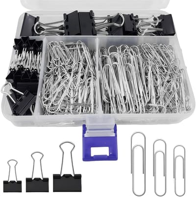 Dailygoods - Set van 340 stuks bindklemmen en paperclips, 25 mm/19 mm/15 mm, groot, kleine vouwklemmen, 50 mm/33 mm/28 mm paperclips, kantoormateriaal, metalen paperclips, papierklemmen voor school en kantoor