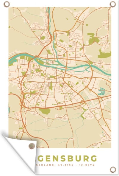 Muurdecoratie Regensburg - Plattegrond - Kaart - Vintage - Stadskaart - 120x180 cm - Tuinposter - Tuindoek