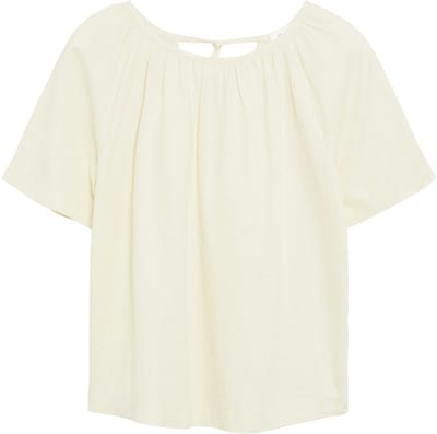 Vrouwelijke Blouse met Korte Mouwen van Gemengd Linnen met Rimpeling en Versierd met een Strik s.Oliver