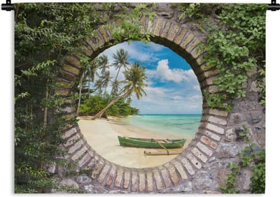 Wandkleed - Wanddoek - Strand - Palmboom - Doorkijk - Kano - 120x90 cm - Wandtapijt