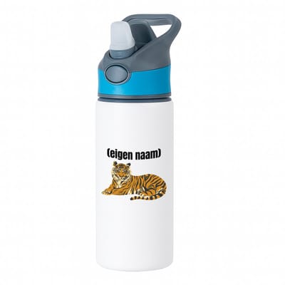 Hacebo® - tijger met eigen naam waterfles met rietje blauw - Tijger - dieren liefhebber - iemand die houdt van tijgers - verjaardag - cadeau - kado - geschenk - water fles - 650ML