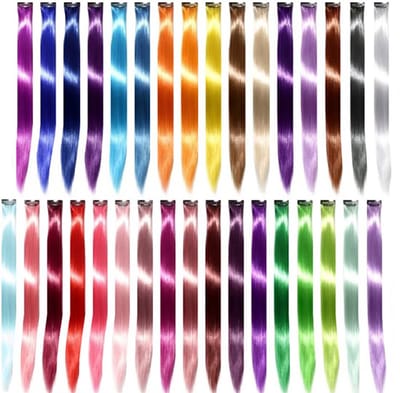 Multi-kleur regenboog clip-in synthetische haarextensies set met 33 stuks lange rechte haar highlights kleurrijke haarstukjes voor kinderen meisjes en vrouwen leuk cadeau en make-up rekwisiet voor party regenboogfeesten en optredens