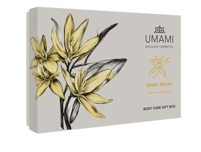 Umami Gift set - Geschenkset vrouwen -Sweet Spices- Body Care Giftset- 5 verzorgingsproducten - Vanilla & Saffron Cadeauset- Douchegel, Foam Shower, Handzeep, Handcrème & Anti-Transpirant - Geschenkset