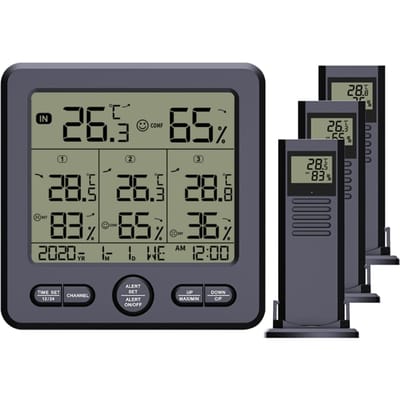 Digitale Draadloze Binnen Buiten Thermo-hygrometer met 3 Afstandsbedieningssensoren 98ft/ 30m Achtergrondverlichting & Alarm zwart
