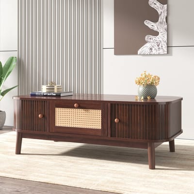 Wishdor Ovale Salontafel Walnoot 110x55 cm - Retro Mid-Century Design met Rotan Lade & Houten Roldeuren - Donkerbruin