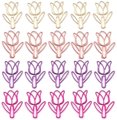 Dailygoods- Tulpenpaperclips 20 Stuks - Creatieve Bloemvormige Paperclips - Metalen Paperclips - 35 mm - Goud/Rose Goud/Rood/Paars - Documenten Organiseren
