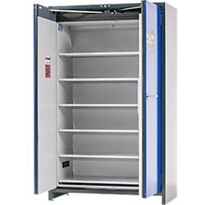Asecos accubak ION-CORE-90 CS 1200, 6 geperforeerde legborden + 1 bodem lekbak, B 1193 x D 615 x H 1953 mm