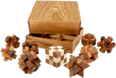 Logica Puzzles art. Set 9 Puzzels in 1-3D Houten Puzzel - Gemengde Moeilijkheidsgraad - Collectie Leonardo da Vinci