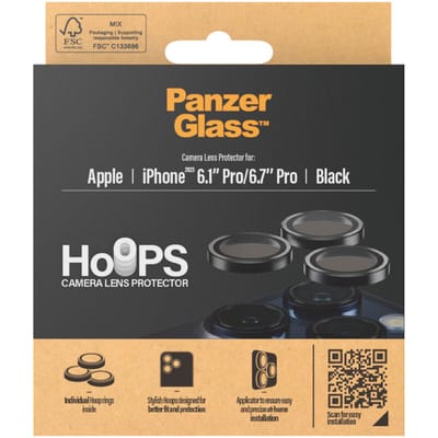 PanzerGlass Screenprotector geschikt voor Apple iPhone 15 Pro Glazen | PanzerGlass Hoops Camera Lens Protector - Case Friendly - Zwart