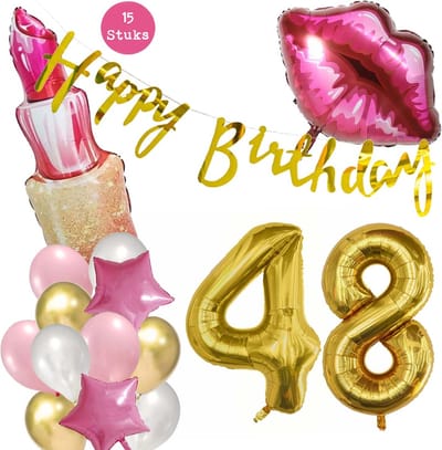 Snoes Beauty Helium Ballonnen Set 48 Jaar - Roze Folieballonnen - Slinger Happy Birthday Goud