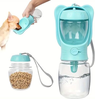 Honden drinkfles-honden drinkbak-honden waterfles-waterfles voor buitenhonden - Waterfles voor onderweg met voercontainer - Lekvrij, draagbaar, duurzaam ABS+PET-kunststof-Gravity Feed-Blauw - 350 ml