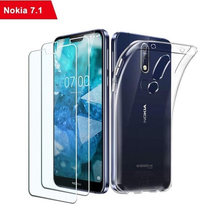 Screenprotector Geschikt voor: Nokia 7.1 Hoesje Transparant TPU Siliconen Soft Case + 2X Tempered Glass