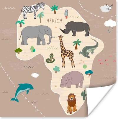 Dieren - Wereldkaart - Kinderen - Afrika - Kids - Jongens - Meisjes - 30x30 cm - Poster