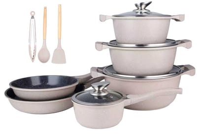 Royalty Line® BS1010 Pannenset Inductie - 13 Delige Pannensets Met Antiaanbaklaag - PFAS Vrij - Kookpotten, Koekenpannen & Steelpan - Pannen Geschikt Voor Alle Warmtebronnen - Beige