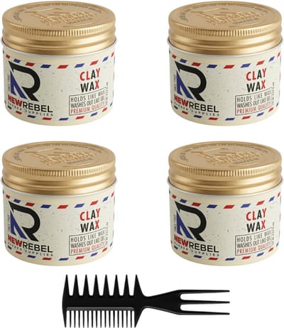 New Rebel Clay Wax – Matte Haarwax – Sterke Hold – Natuurlijke Look – 4 x 125 ml + Stylingkam – Haarwax Mannen