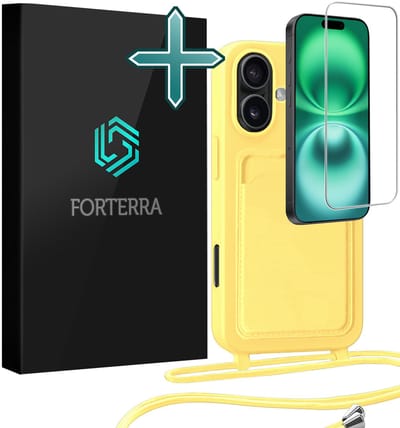 Hoesje Geschikt voor iPhone 16 Plus Pashouder Case Siliconen Hoes Met Koord Met Screenprotector - Hoes Geschikt voor iPhone 16 Plus Met Telefoonkoord Hoesje Back Cover Met Pasjeshouder - Geel