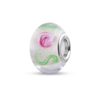 Quiges - Glazen - Kraal - Bedels - Beads Wit met Roze Rozen en Groene Krullen Past op alle bekende merken armband NG1993