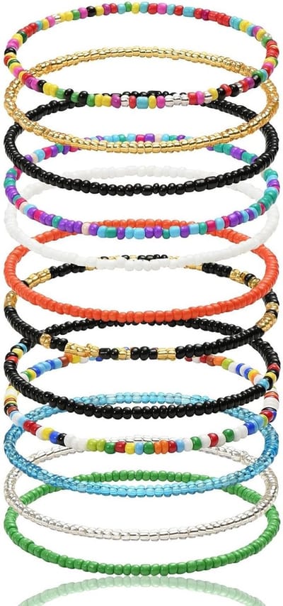 Kleurige Elastische Enkelbanden voor Vrouwen - Verstelbare Multilaagse Beads, Perfect voor Strandvakantie en Feestjes - 10*7*1cm, Glas, Elastisch Koord