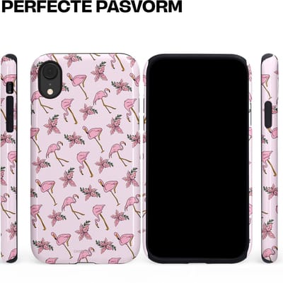 Casetastic hoesje geschikt voor Apple iPhone XR - Dubbellaagse bescherming - Tropisch Roze Flamigo Bloemen Paradijs - Fashion Case - Lichtgrijs Wit Lichtroze