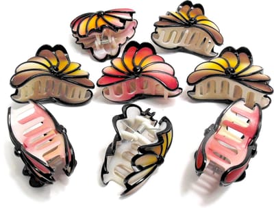 8 grote haarklemmen 8 cm bloemen 4x bruin-geel-zwart / 4x rood-geel-zwart