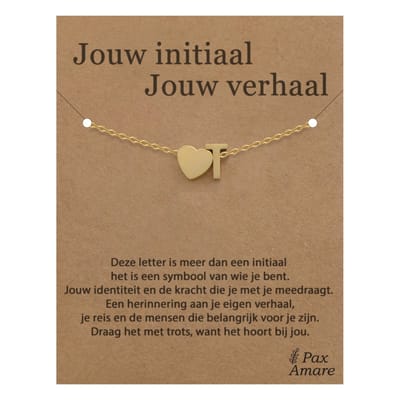 Letter T Armband op Cadeau Kaartje - Jouw initiaal, jouw verhaal - 15,5cm + 5,5cm verstelbaar Goudkleurig Stainless Steel - Initiaal & Hartje Hanger - Pax Amare