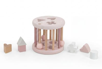 Label Label - Rollende Houten Vormenstoof - Roze/Naturel - FSC Hout - Inclusief 6 Vormpjes - Stimuleert Hand-Oog Coördinatie en Vormenherkenning - Geschikt voor Kindjes vanaf 12 Maanden