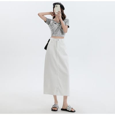 Jupe en Jean Tennis Blanche Trois Preuves pour Femmes Été Taille Haute Coupe Ajustée Petite Jupe Trapèze Jupe Midi Jupe en Jean M blanc
