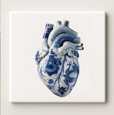 Porseleinen Hart Tegel 15x15cm – Artistieke Delfts Blauwe Keramische Wanddecoratie – Uniek Anatomisch Hart Ontwerp – Moderne Huisdecoratie