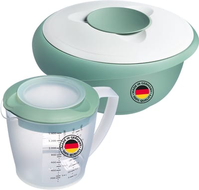 Westmark mengkom (2,5 l) en mengbeker "Helena" (1,4 l) – Mengkom met spatbeschermingsrand en rubberen ring – Beker met schenktuit en maatverdeling – Mintgroen/wit