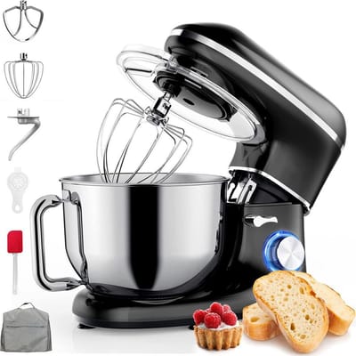NBAP® Luxe Deegmachine met Spatbescherming - Deegmachine voor Zwaar Deeg - Met Deeghaak en Garde - Kneedmachine - Keukenmachine - Deegmixer met 10 Standen - Zwart met Zilver