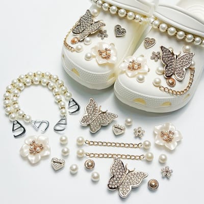 Schoenaccessoires-geschikt voor crocs charms- geschikt voor crocs pins- geschikt voor crocs Accessoires- geschikt voor Crocs Jibbitz-CJ-263 dubbele ketting gouden vlinder bloem