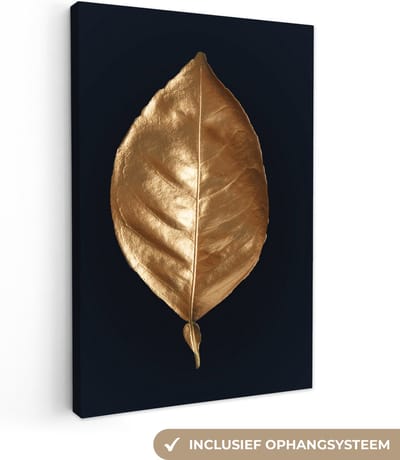 Canvas schilderij 90x140 cm - Wanddecoratie Luxe - Blad - Goud - Muurdecoratie woonkamer - Slaapkamer decoratie - Kamer accessoires - Schilderijen