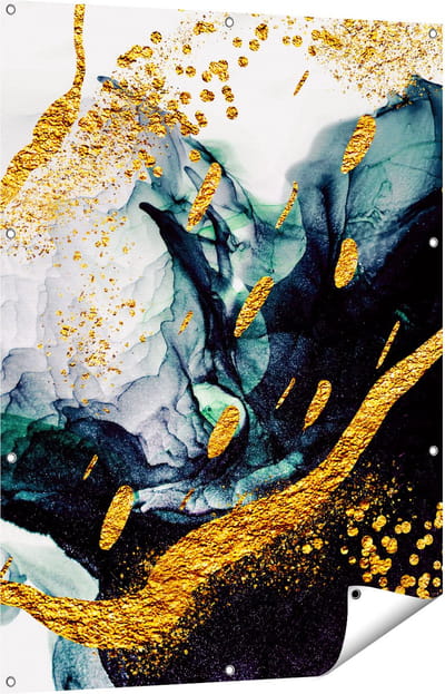 Gards Tuinposter Abstracte Kunst - Zwart Wit met Gouden Strepen - 90x120 cm - Tuindoek - Tuindecoratie - Wanddecoratie buiten - Tuinschilderij