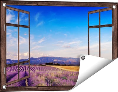 Gards Tuinposter Doorkijk Raam met Lavendel Veld - 60x40 cm - Tuindoek - Tuindecoratie - Wanddecoratie buiten - Tuinschilderij