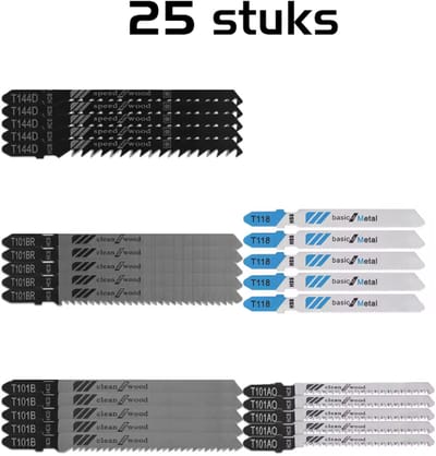 DW4Trading 25 Delige Decoupeerzaagbladen Set HCS - T-schacht - Geschikt Voor Hout, Metaal, Kunststof - 5 Diverse Soorten