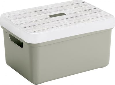 Sunware opslagbox - 13 liter - lichtgroen - kunststof - 35 x 25 x 18 cm - met afsluitbare deksel in houtnerf print